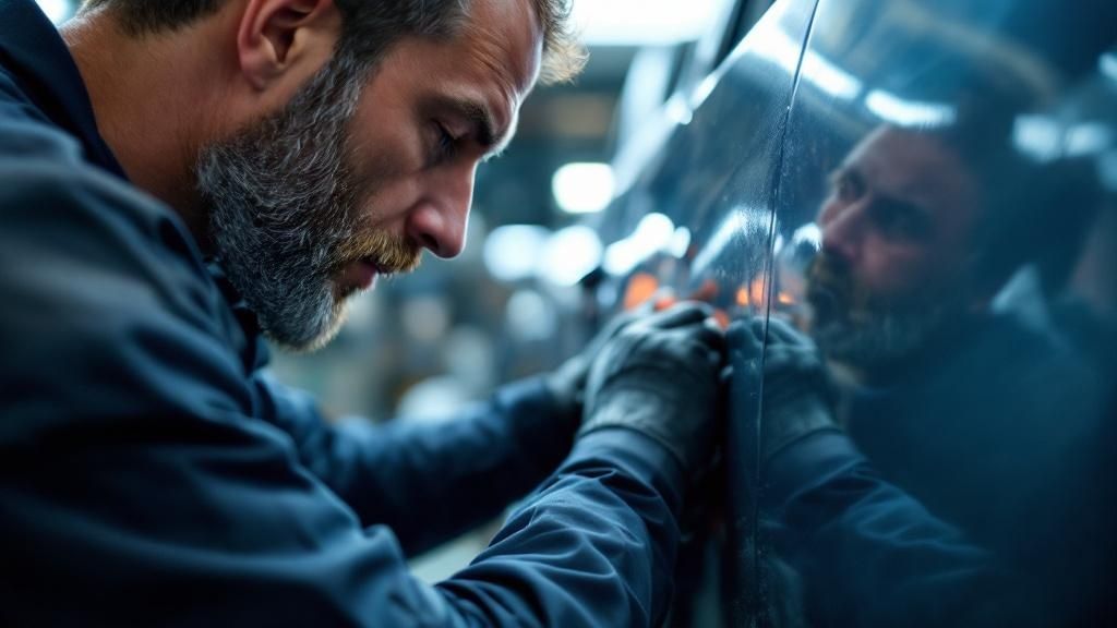 A mechanic meticulously inspecting the frame of a car on a lift after an accident