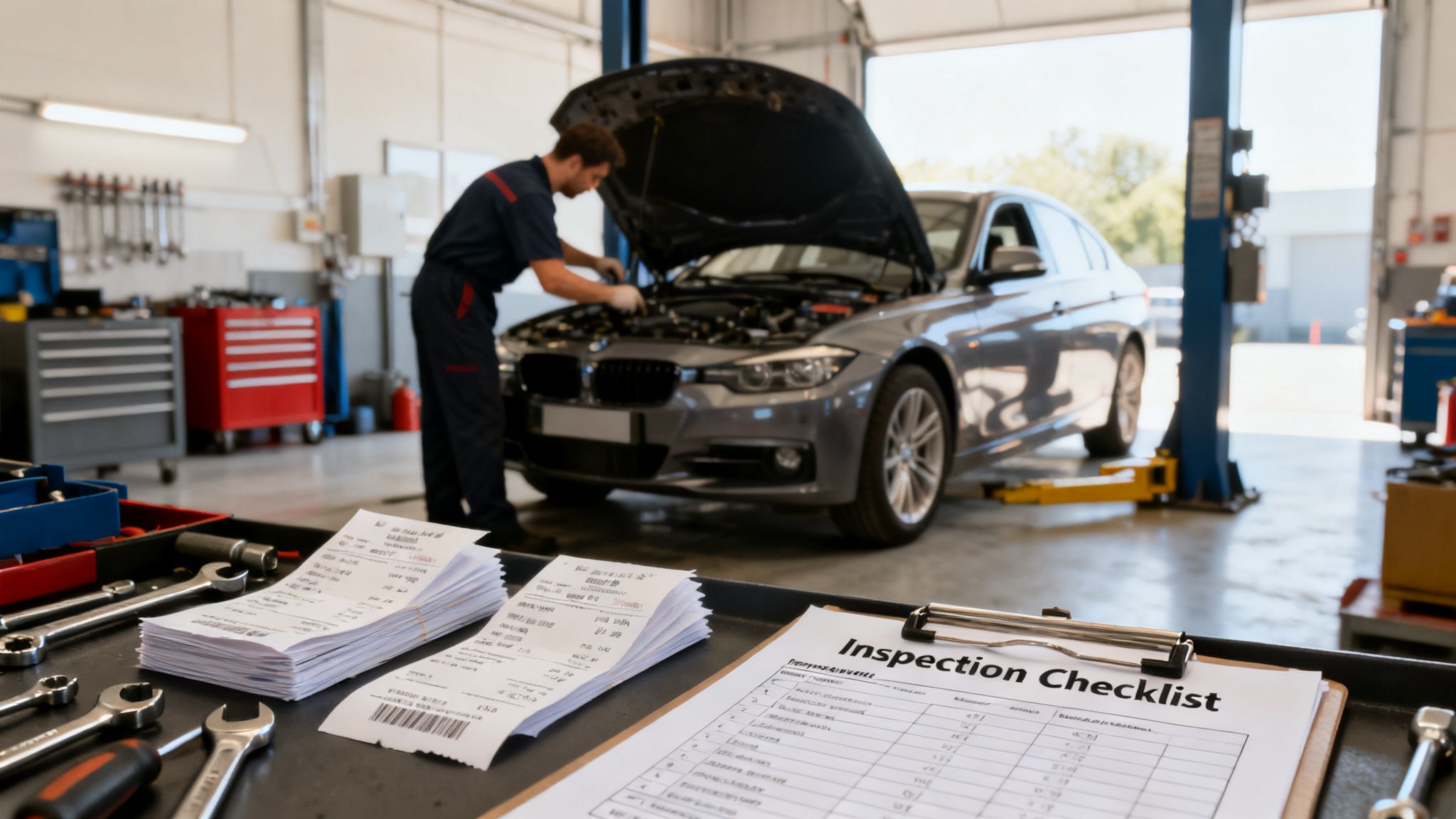A car mechanic inspects an engine in a busy auto repair shop with repair receipts and an inspection checklist on a workbench.