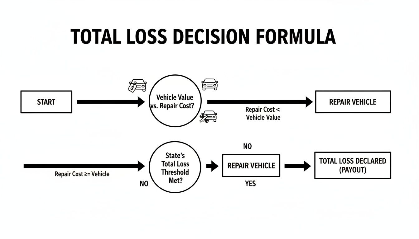 Flowchart illustrating the total loss decision formula for vehicles based on repair costs and state thresholds.