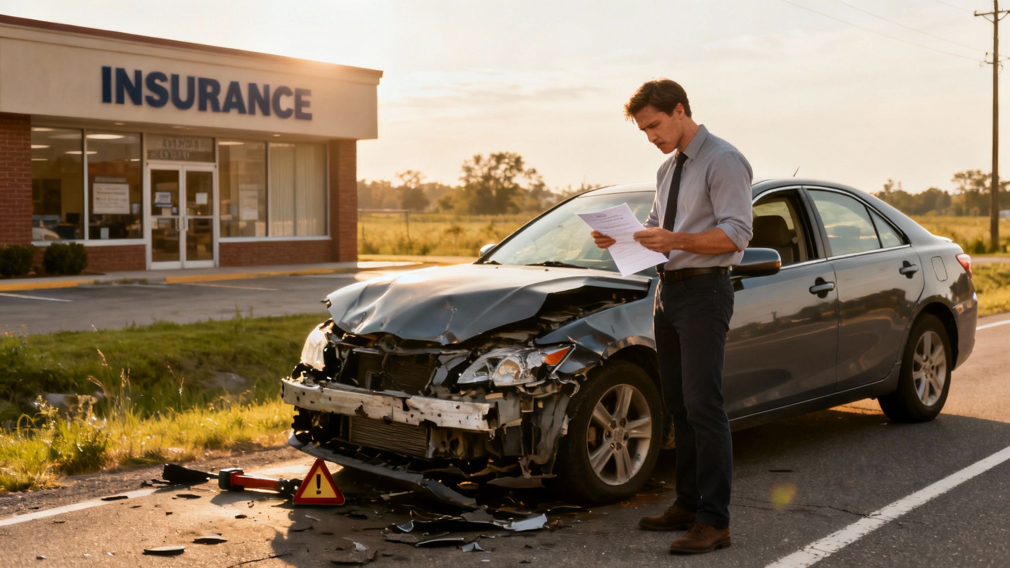 A car being towed away after an accident, symbolizing a total loss scenario.