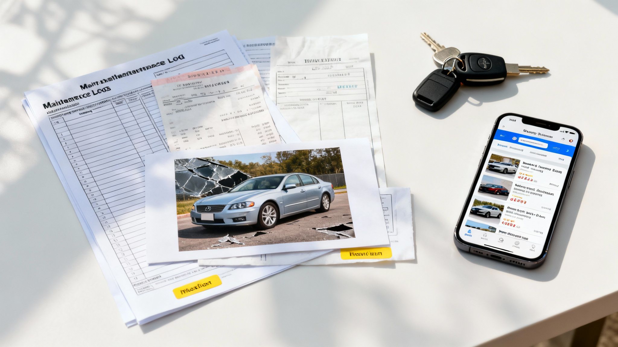 Table with car keys, documents, a photo of a damaged car, and a smartphone showing car listings.