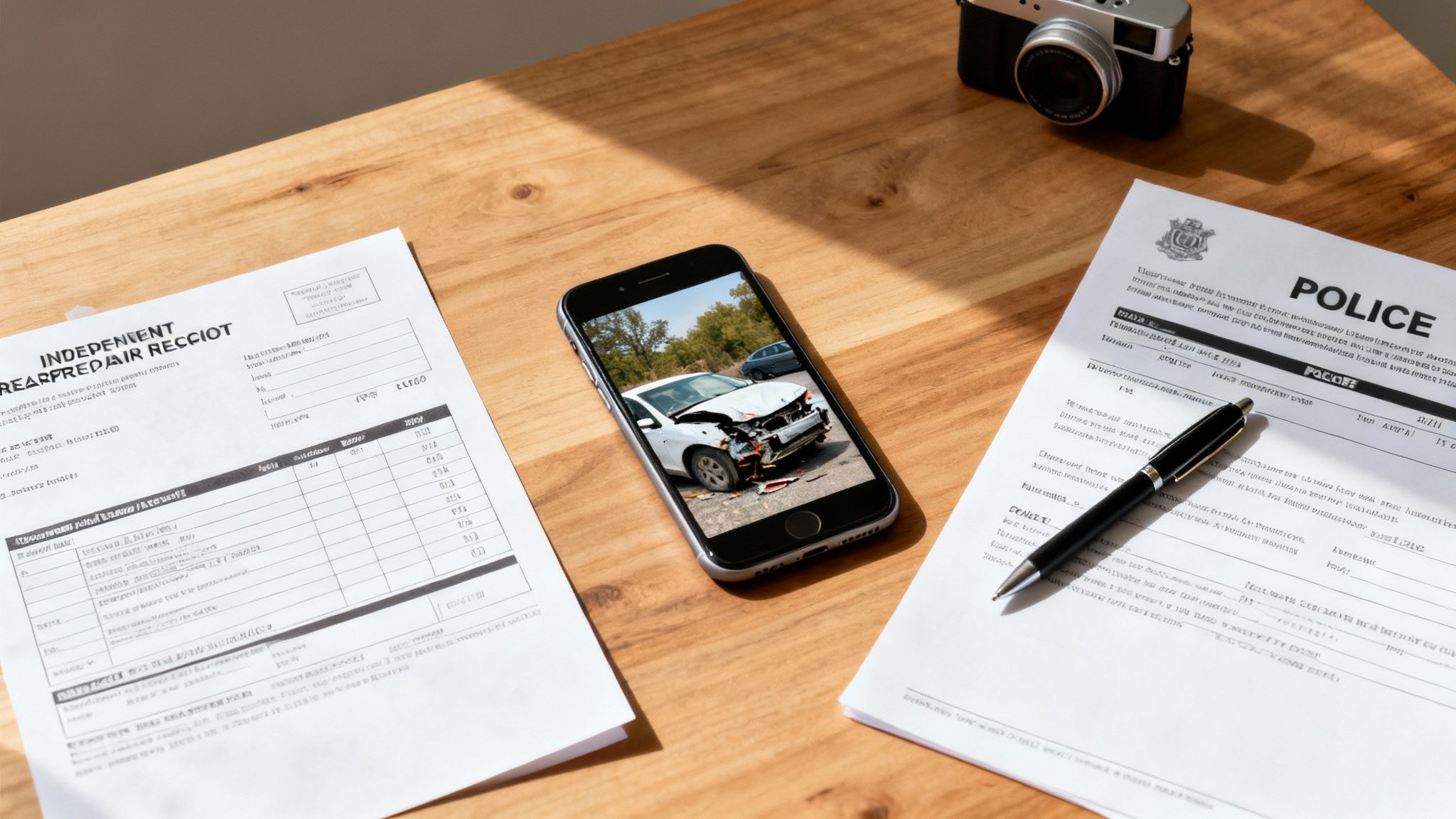 Desk with smartphone showing car accident, police report, and repair receipt documents.