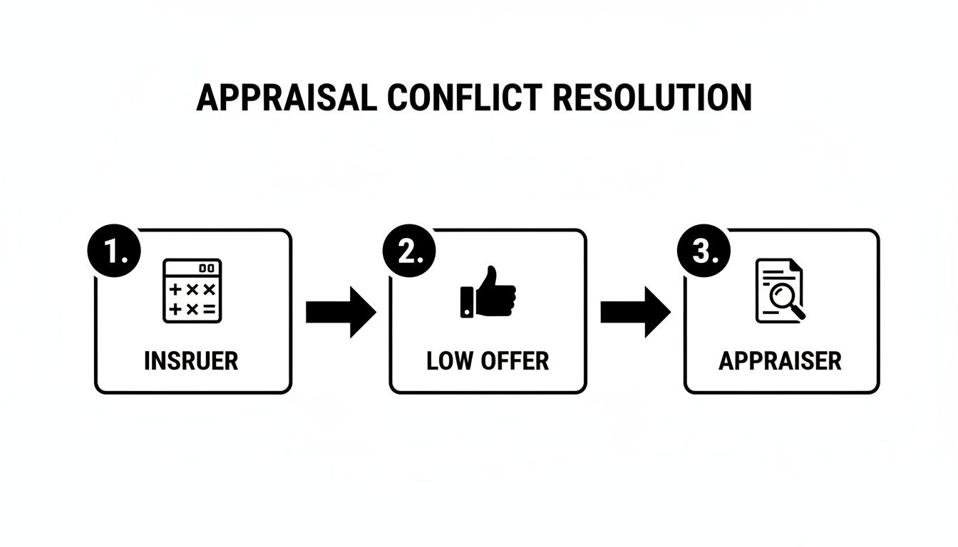 A three-step diagram illustrates appraisal conflict resolution: insurer calculation, a low offer received, then review by an appraiser.