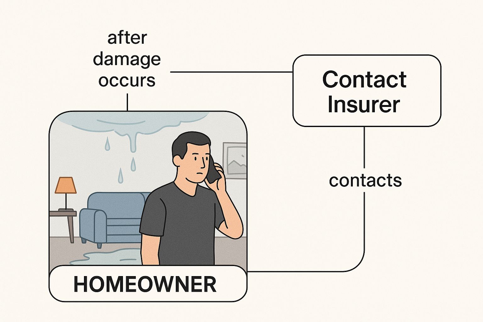 A homeowner is on the phone with their insurance company right after a house fire, which is a critical first step.
