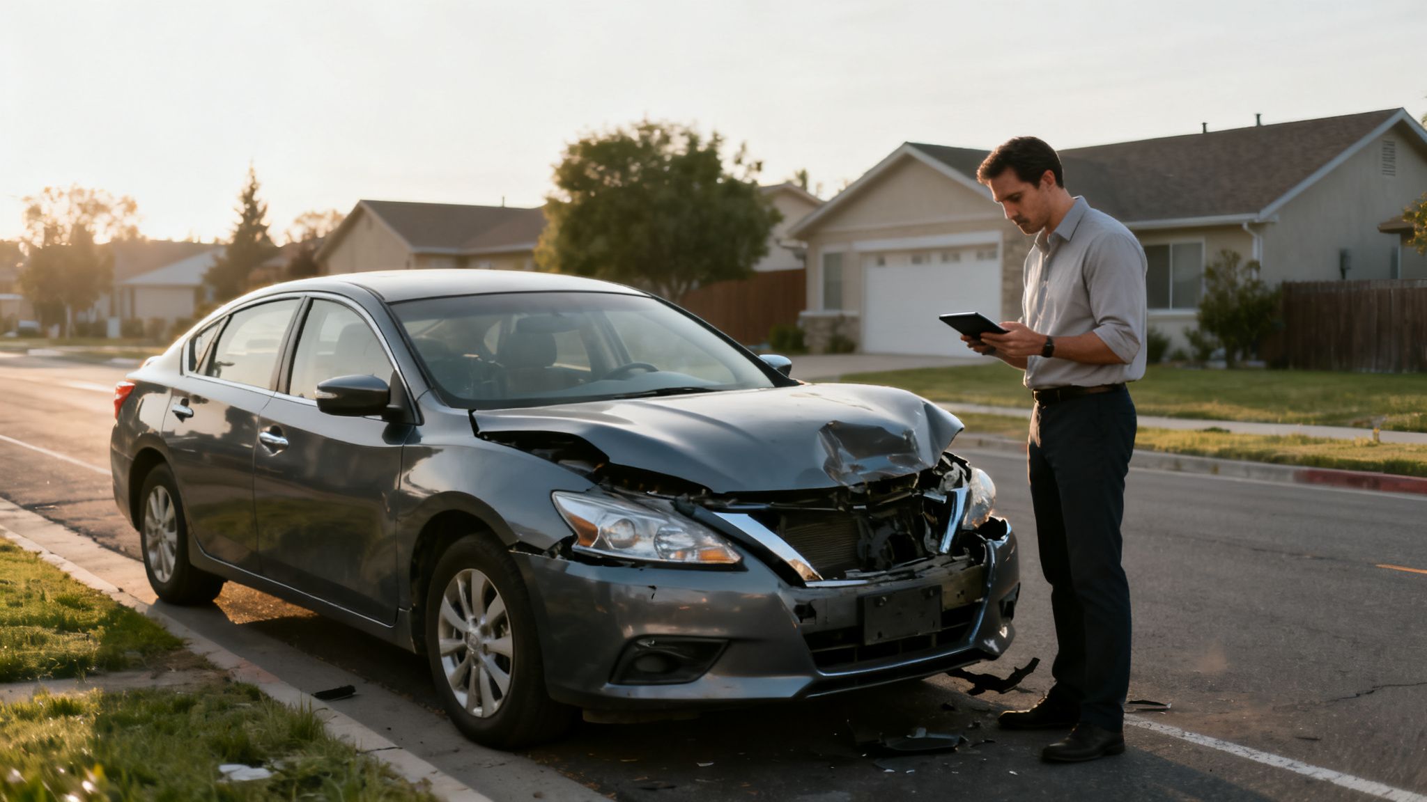 A man using a tablet assesses the severe front-end damage of a gray car on a residential street.