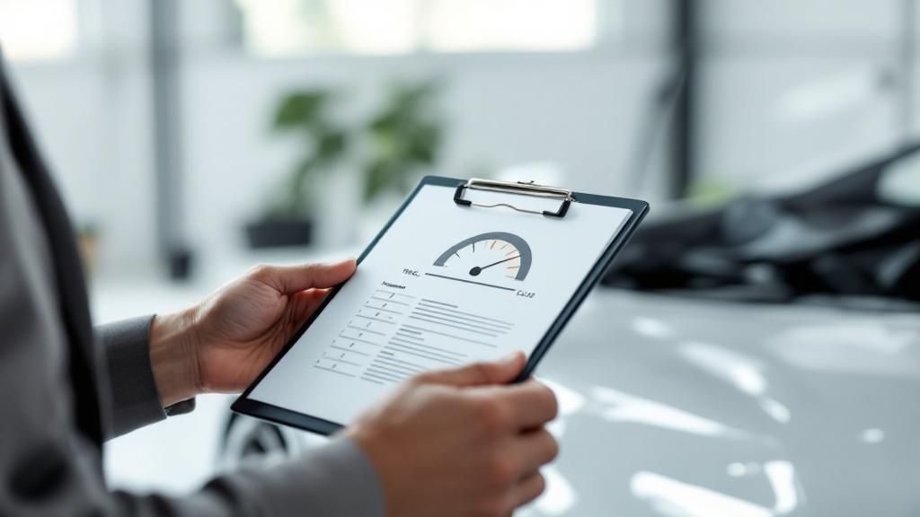 A close-up of a car insurance policy document with a calculator and car keys on top.