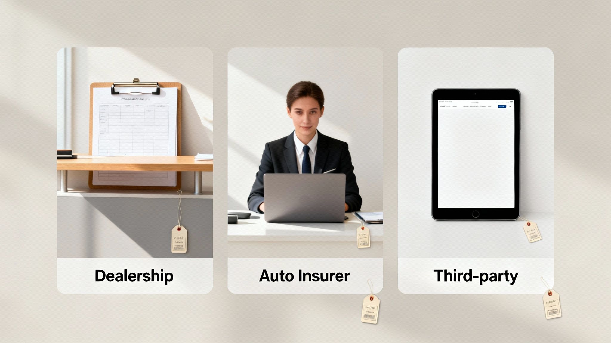 Three panels illustrate a dealership, auto insurer, and third-party, with price tags, representing vehicle transaction channels.