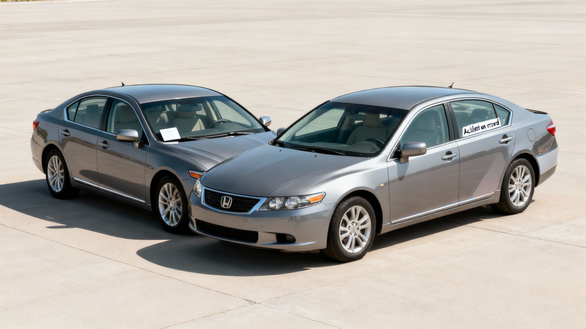 Two grey sedans, one with an "Accident on record" sticker, parked on a light-colored surface.