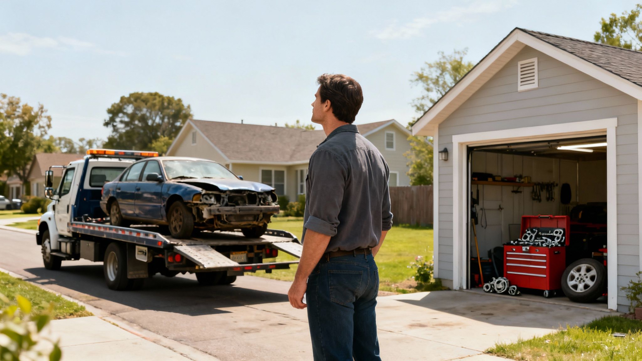 A man watches a tow truck deliver a wrecked blue car to a suburban home with an open garage.