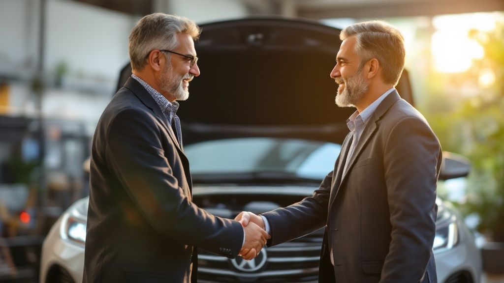 A person looking thoughtfully at insurance documents and a car key on a desk.
