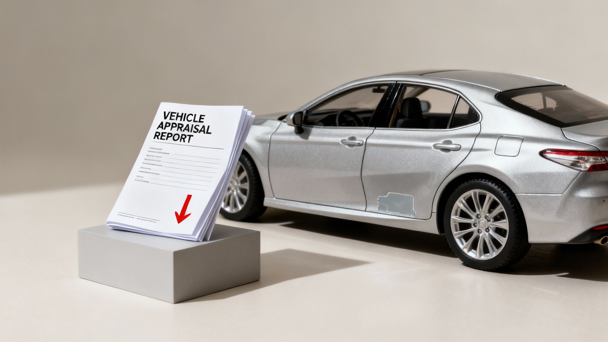 A silver toy car next to a stack of vehicle appraisal reports with a red arrow pointing down.