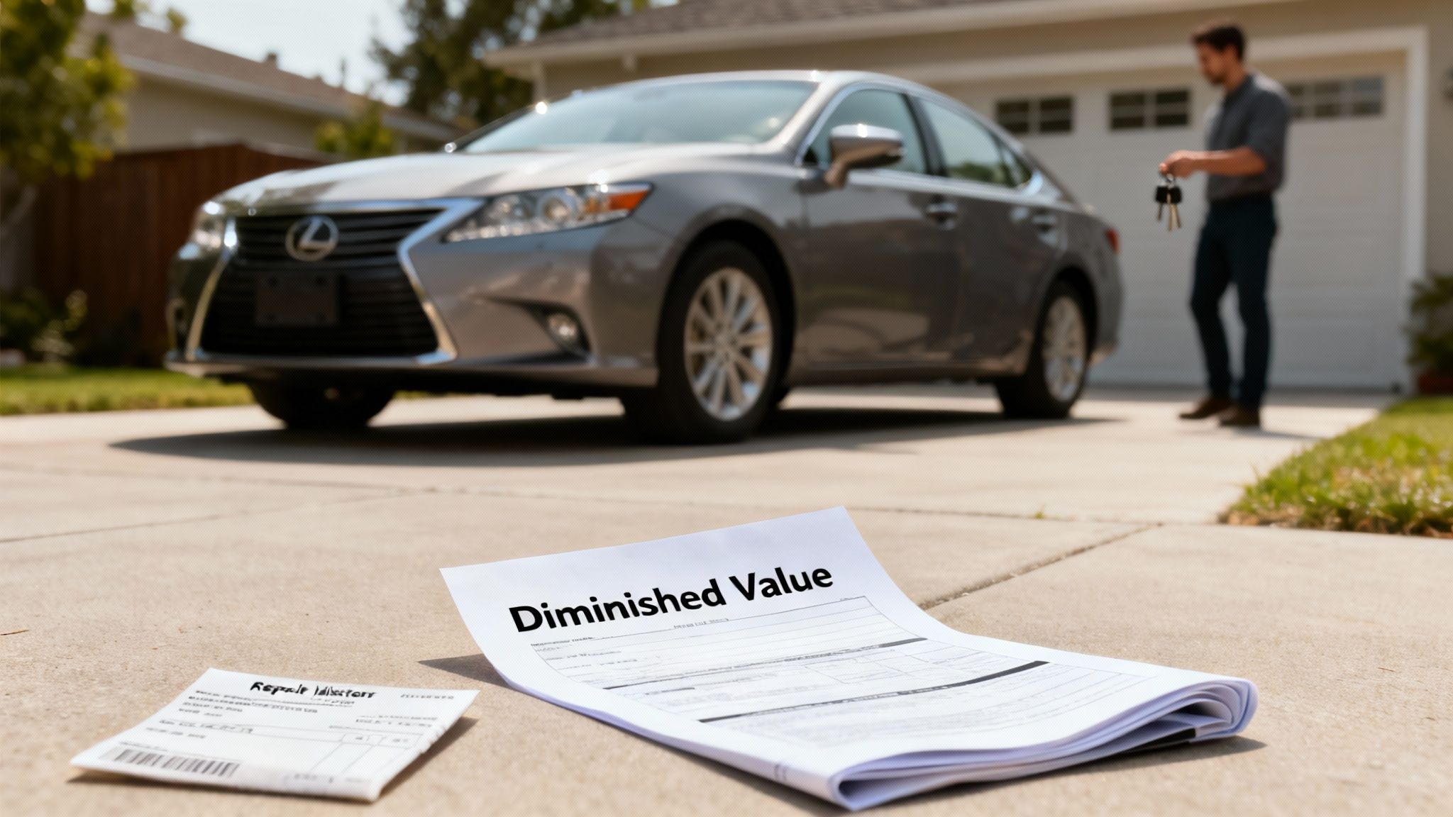 A man with car keys stands by a gray Lexus, with 'Diminished Value' and repair documents on the ground.