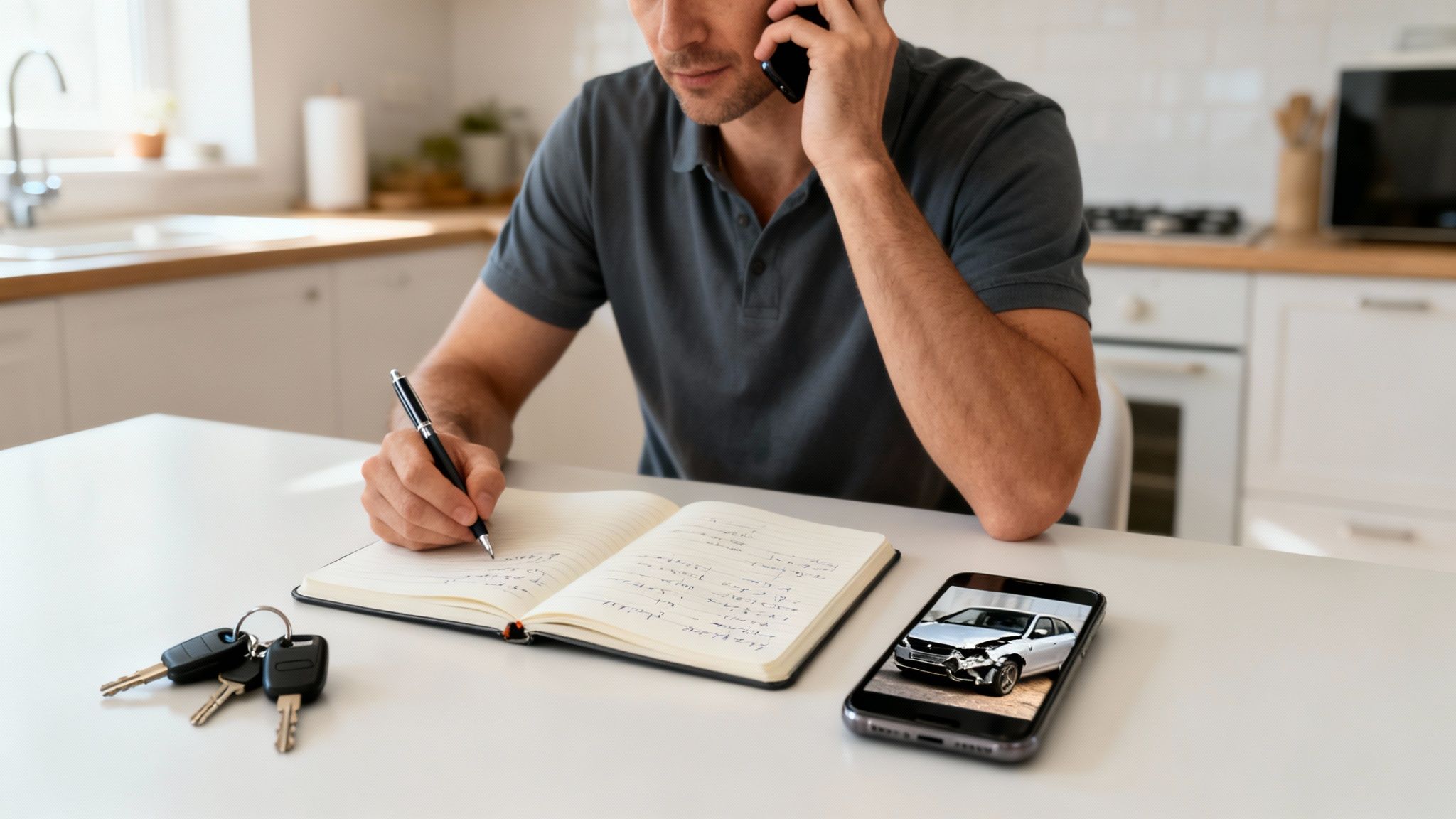 Man on phone, writing notes about a car accident displayed on smartphone screen, with car keys.