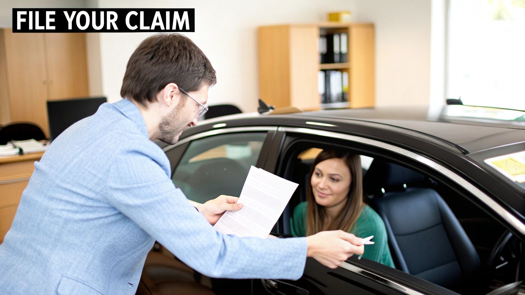 A man and a woman sitting across from each other at a desk, negotiating paperwork for an insurance diminished value claim.