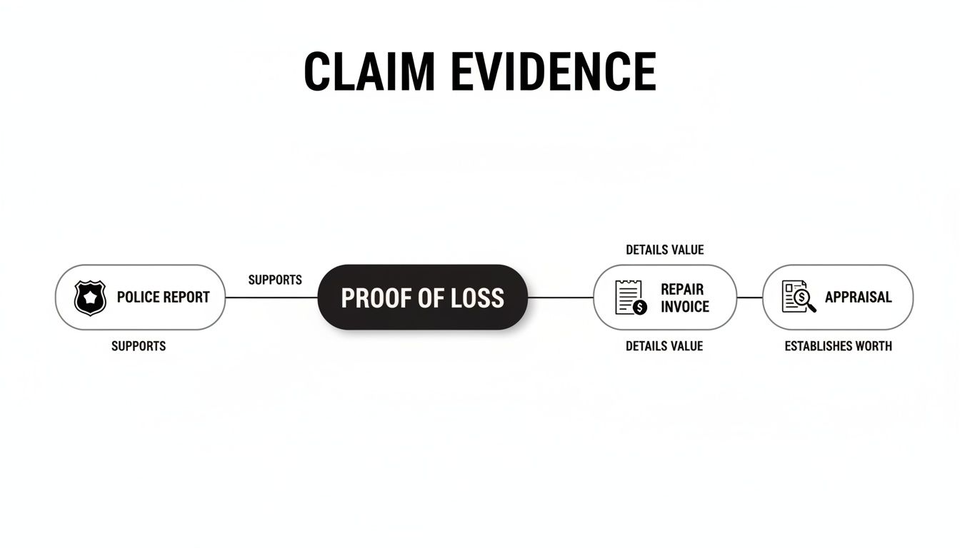 Flowchart illustrating claim evidence: police report, proof of loss, repair invoice, and appraisal documents.