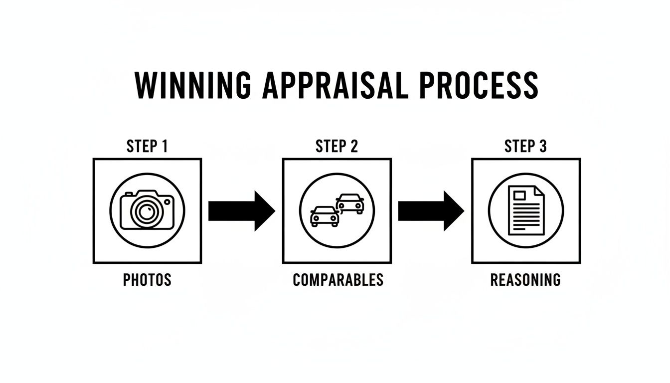 A flowchart illustrating the 'Winning Appraisal Process' with steps: Photos, Comparables, and Reasoning.