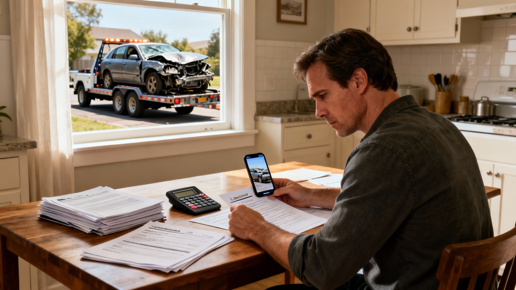 Man reviews car accident documents on a table, holding a phone showing a damaged car, with a tow truck outside.