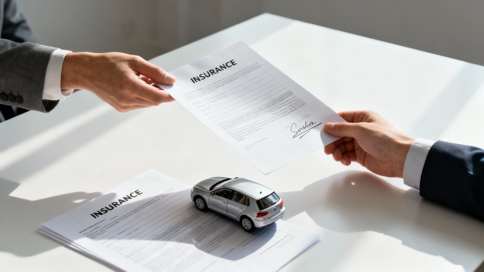 Two people sitting at a desk reviewing documents and negotiating a settlement