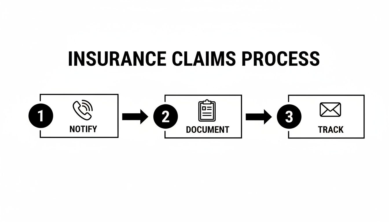 A simple infographic outlining the 3-step insurance claims process: notify, document, and track.