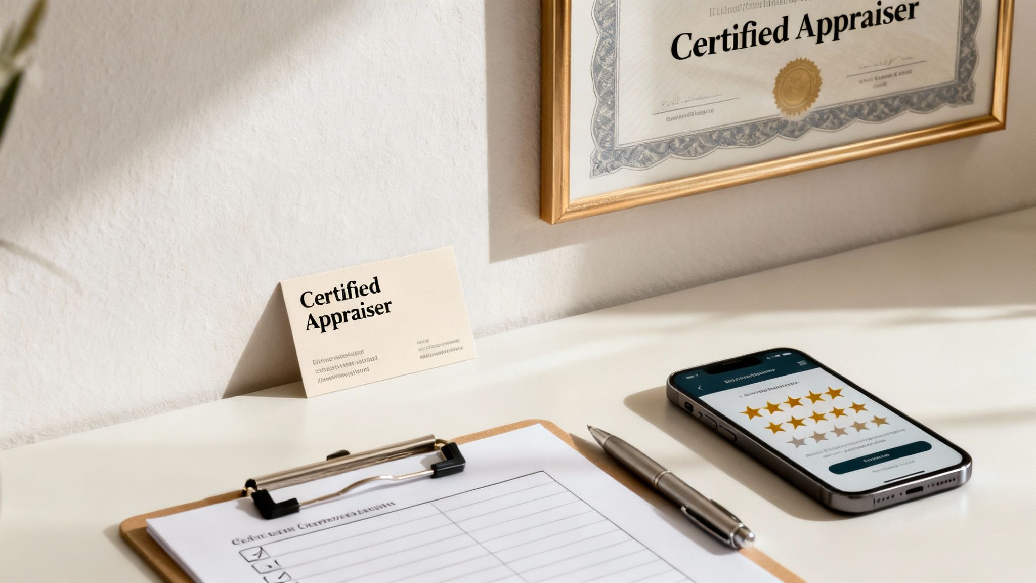A certified appraiser's desk with a certificate, business card, checklist, pen, and a smartphone displaying a star rating.