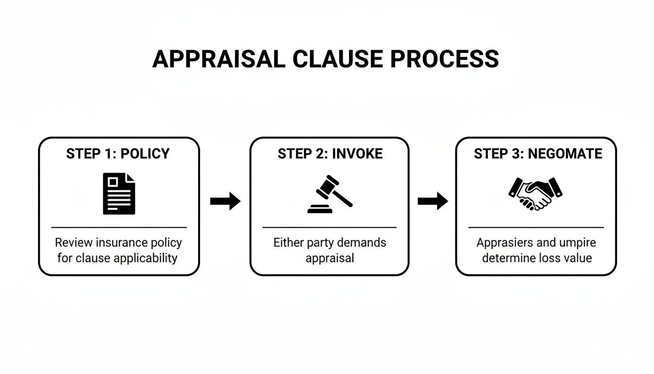 A three-step flowchart illustrating the appraisal clause process in insurance claims.