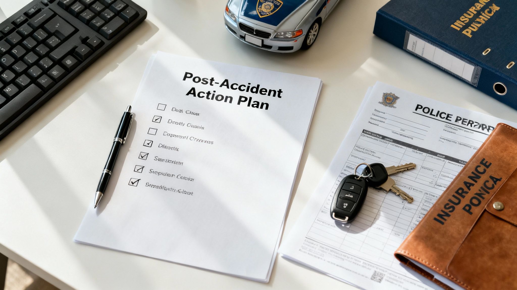 A person on the phone next to a damaged car, taking organized steps after an accident.