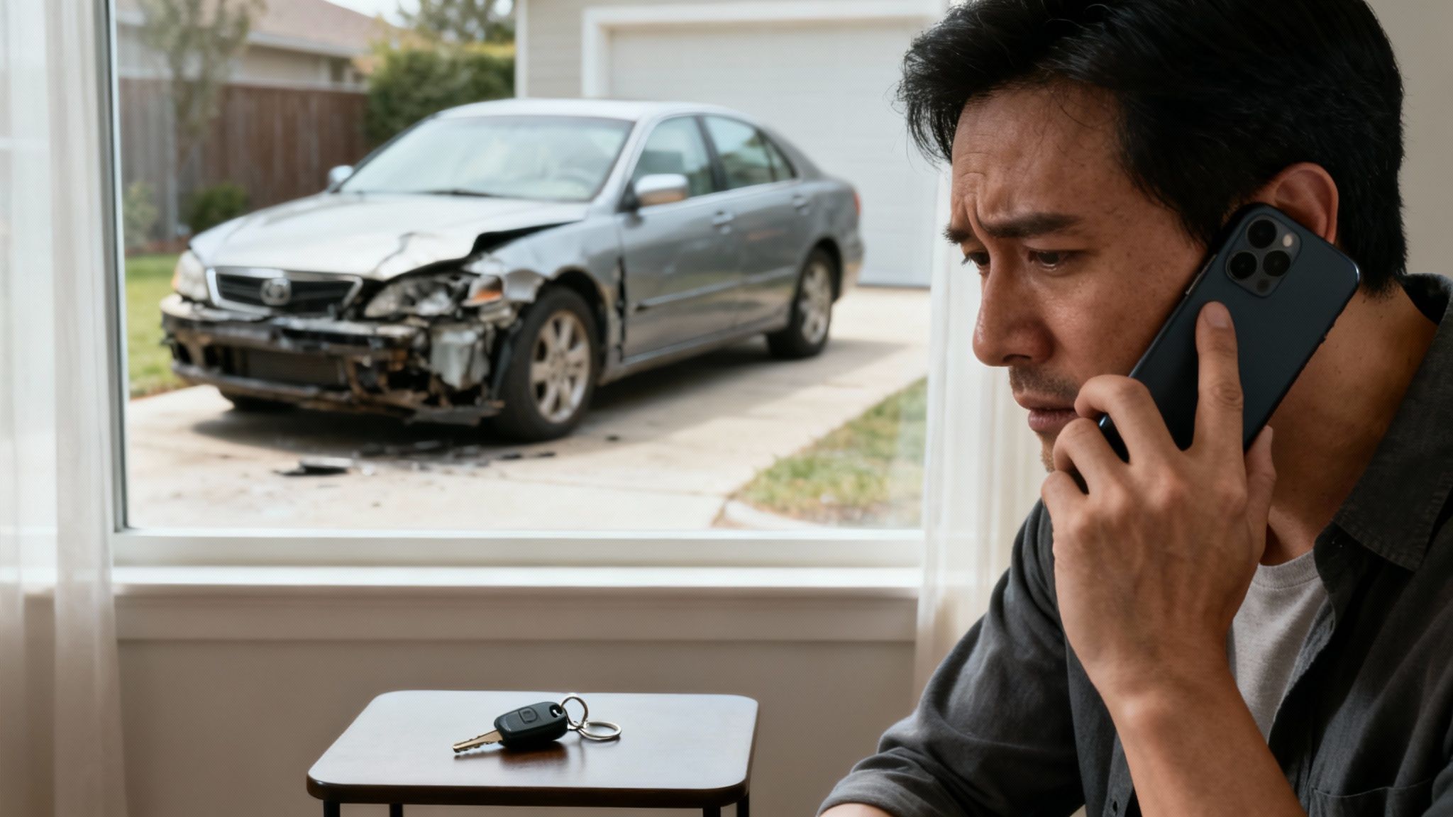 A worried man on the phone looks at his crashed car in the driveway, with keys on a table.