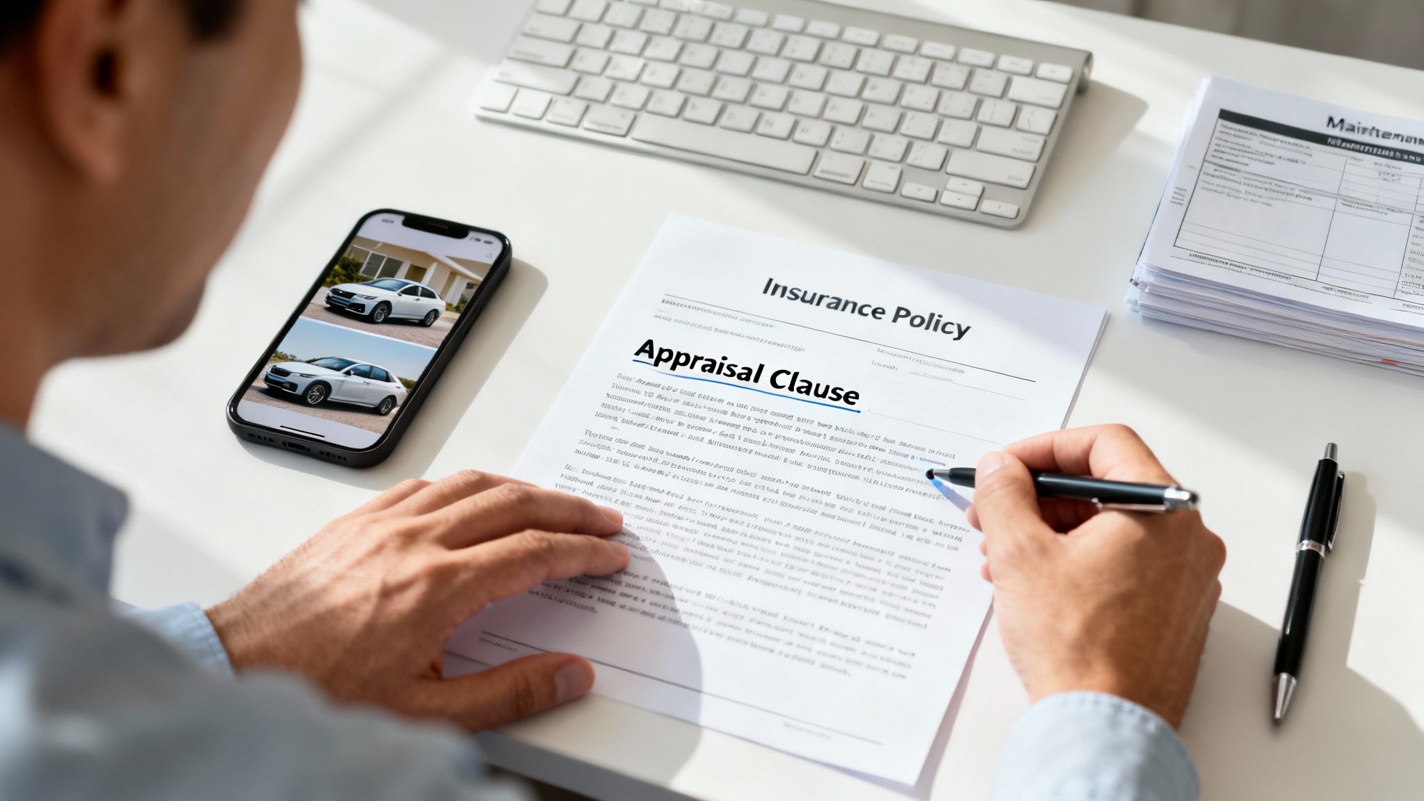 A man reviews an insurance policy with an appraisal clause, holding a pen, beside a smartphone displaying car images.
