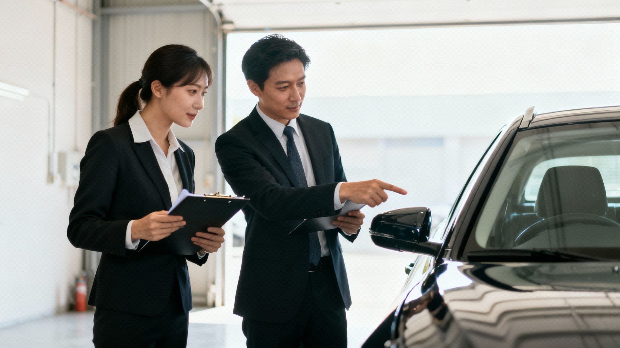Two business professionals, a man and a woman, inspecting a black car at a dealership.