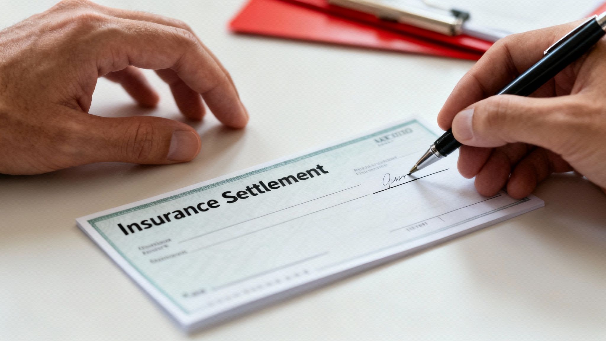 A person's hand signs an 'Insurance Settlement' check, with another hand resting nearby.