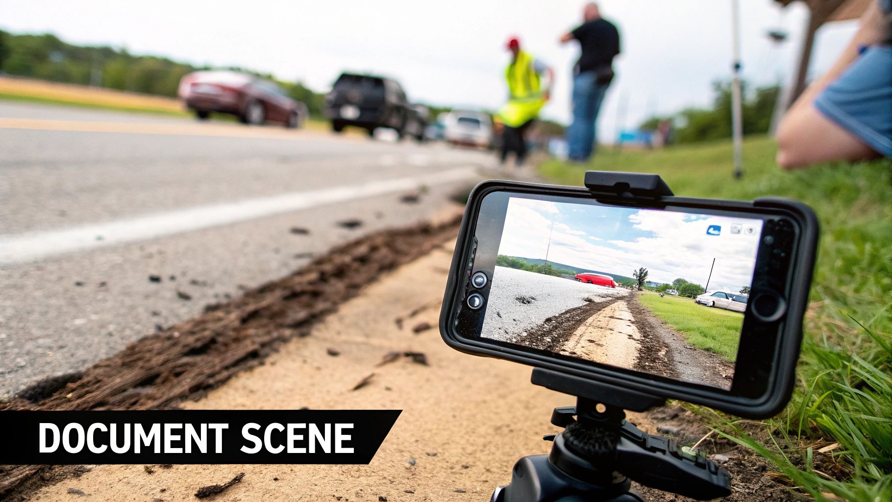 A person taking a photo of car accident damage with their smartphone.