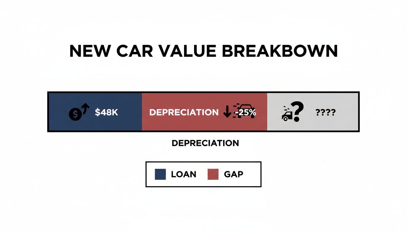 Infographic showing new car value breakdown with $48K initial loan, 25% depreciation, and remaining value, alongside a gap insurance legend.