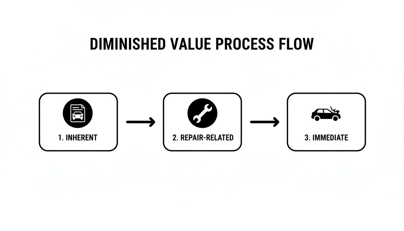 A flow chart illustrating the three steps of the diminished value process: Inherent, Repair-Related, and Immediate.