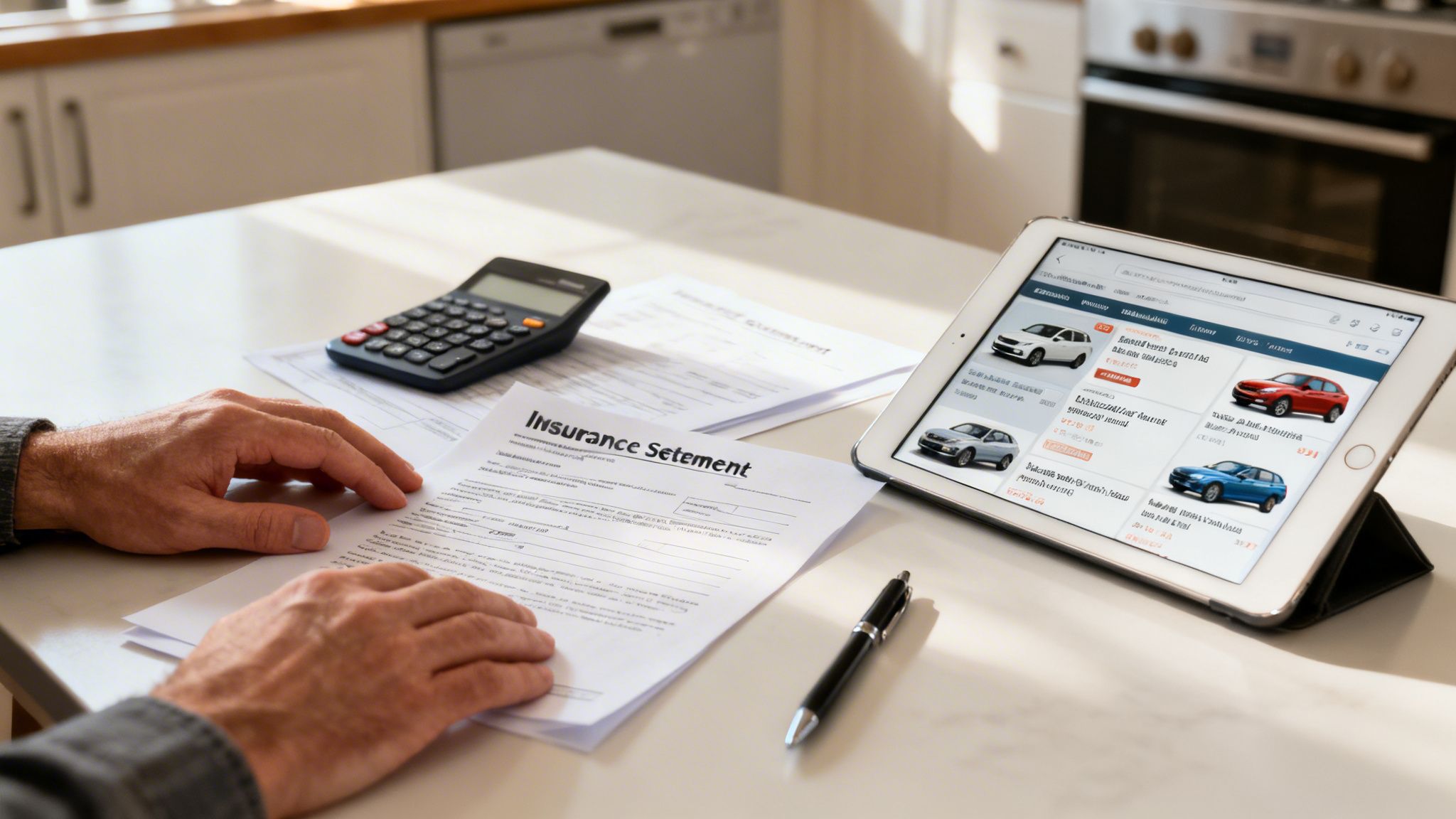 A person's hands reviewing an insurance statement while looking at car options on a tablet.