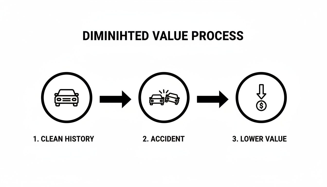 Diagram showing a car's diminished value process: clean history, accident, and resulting lower value.