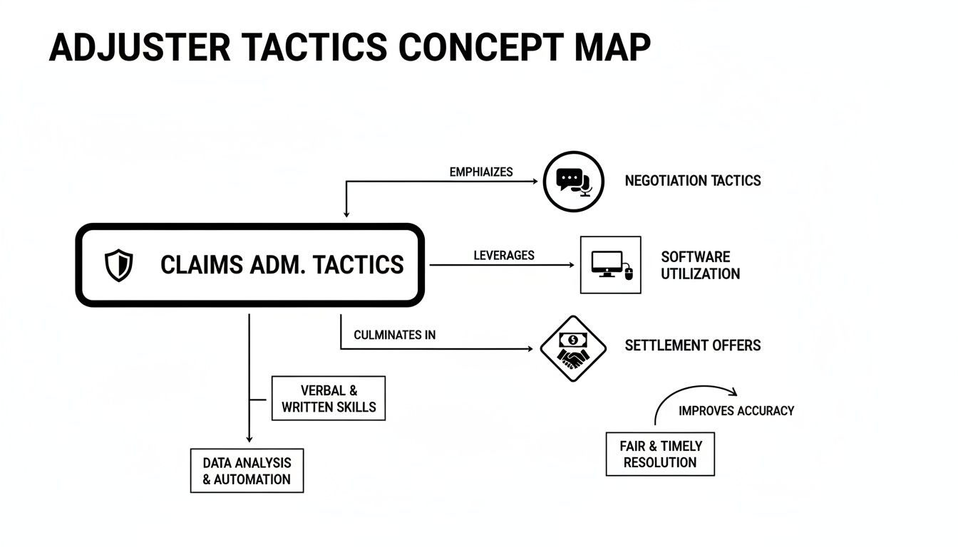 A concept map illustrating claims administration tactics, including negotiation, software use, and skill development.