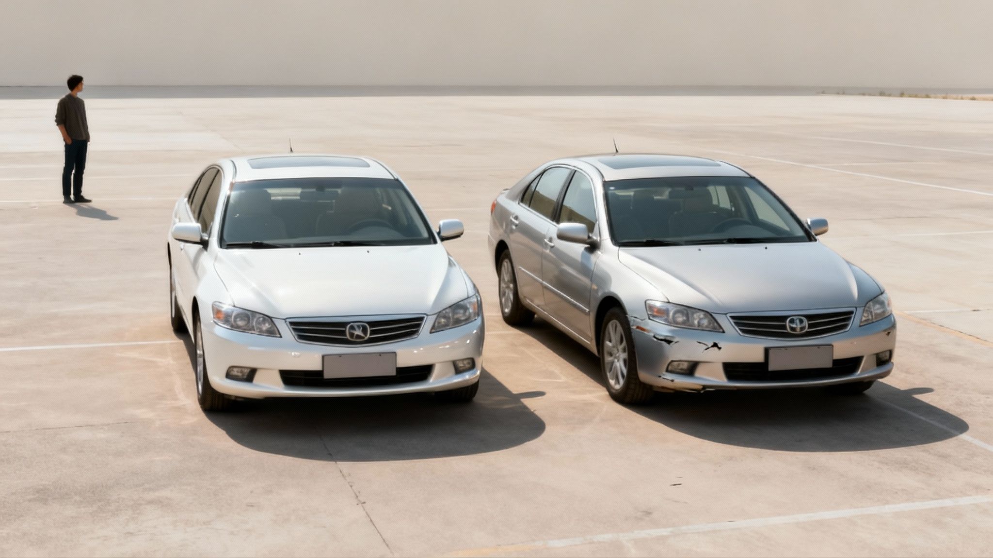 Man comparing two cars in a parking lot, one damaged silver car and one white car.