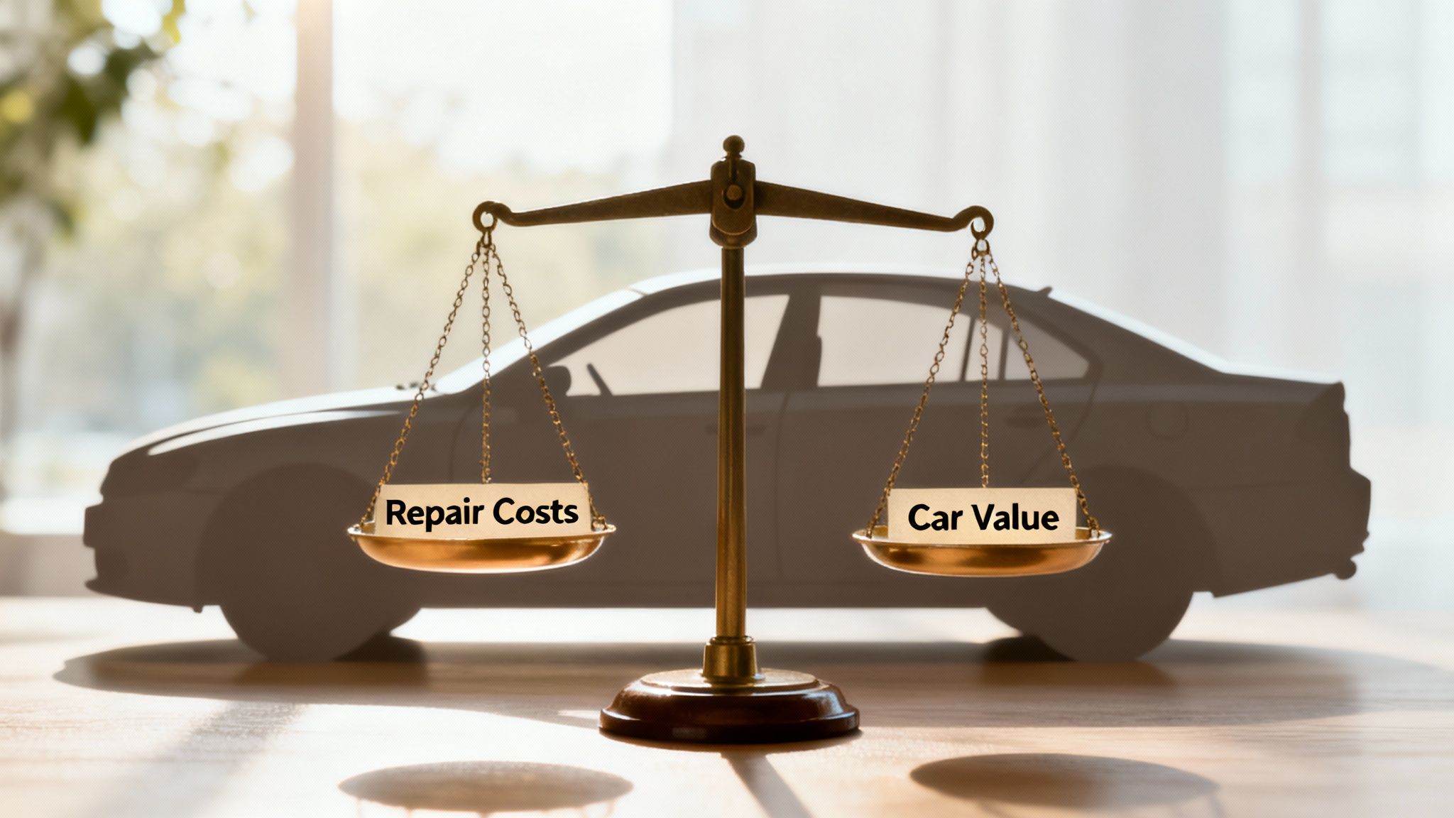 A severely damaged car being towed away after an accident, symbolizing a total loss scenario.