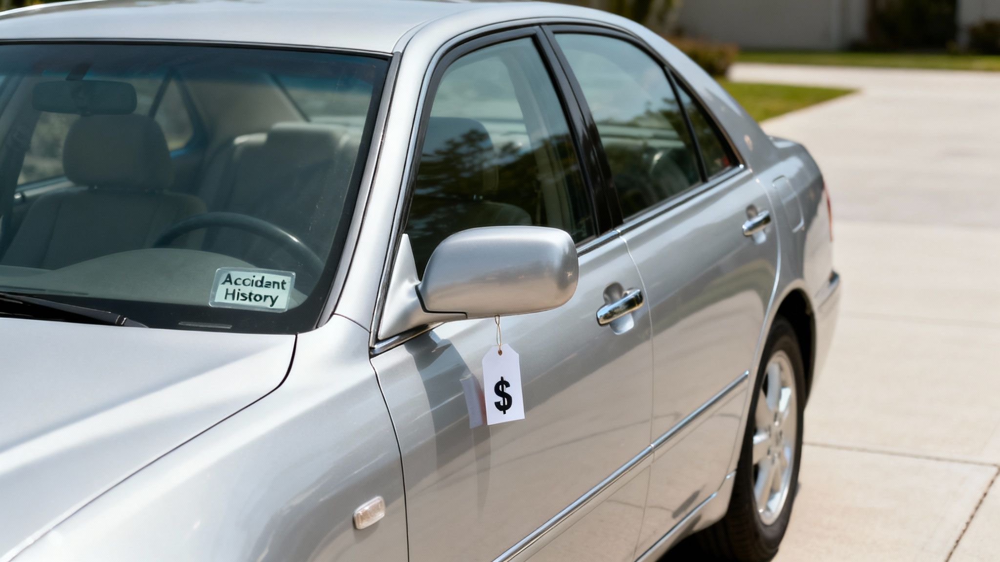A silver car with an 'Accident History' sign on the windshield and a dollar sign tag on the side mirror, indicating a used car sale.