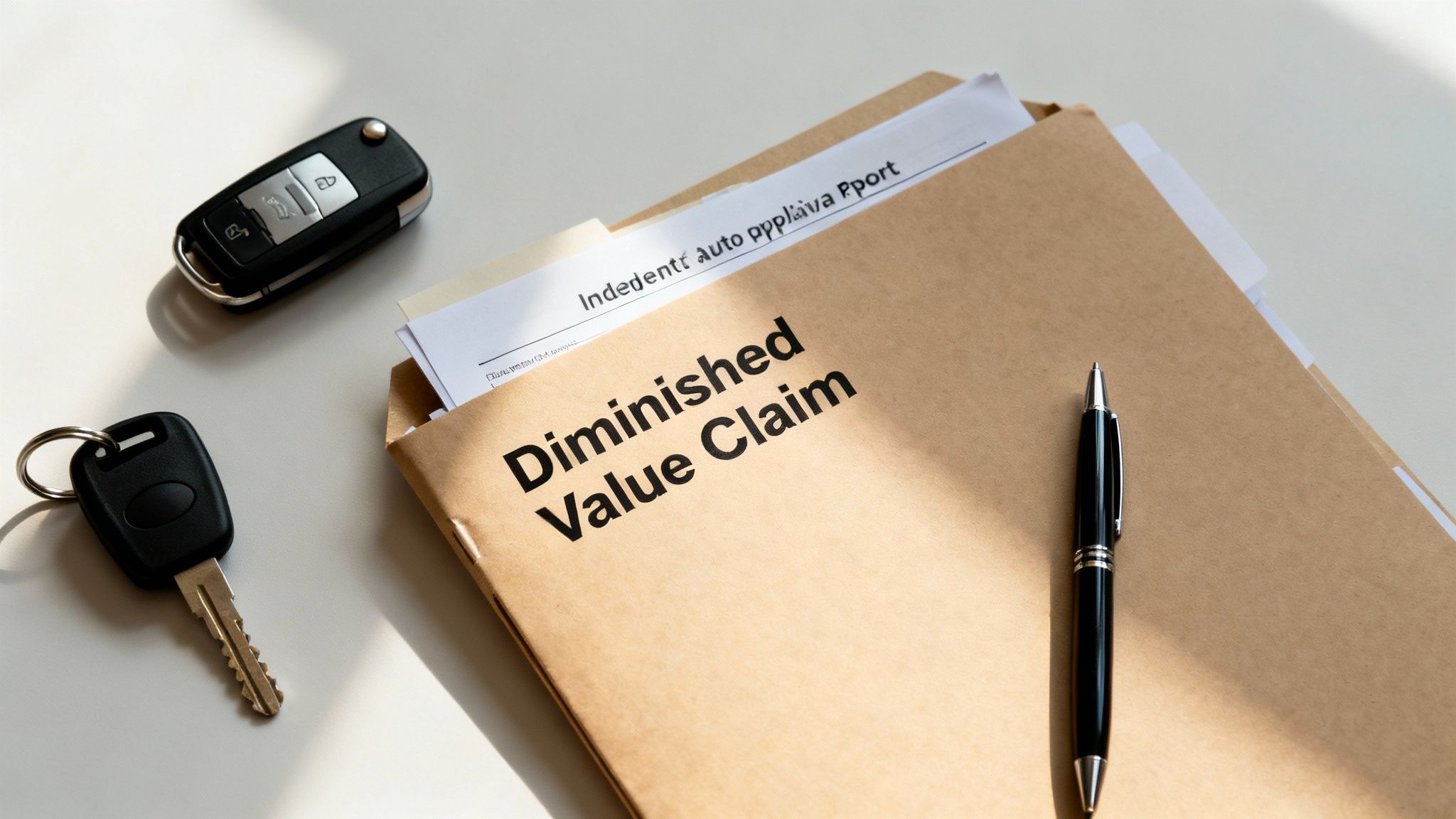 A folder labeled 'Diminished Value Claim' with car keys and a pen on a light-colored desk, highlighting auto insurance issues.