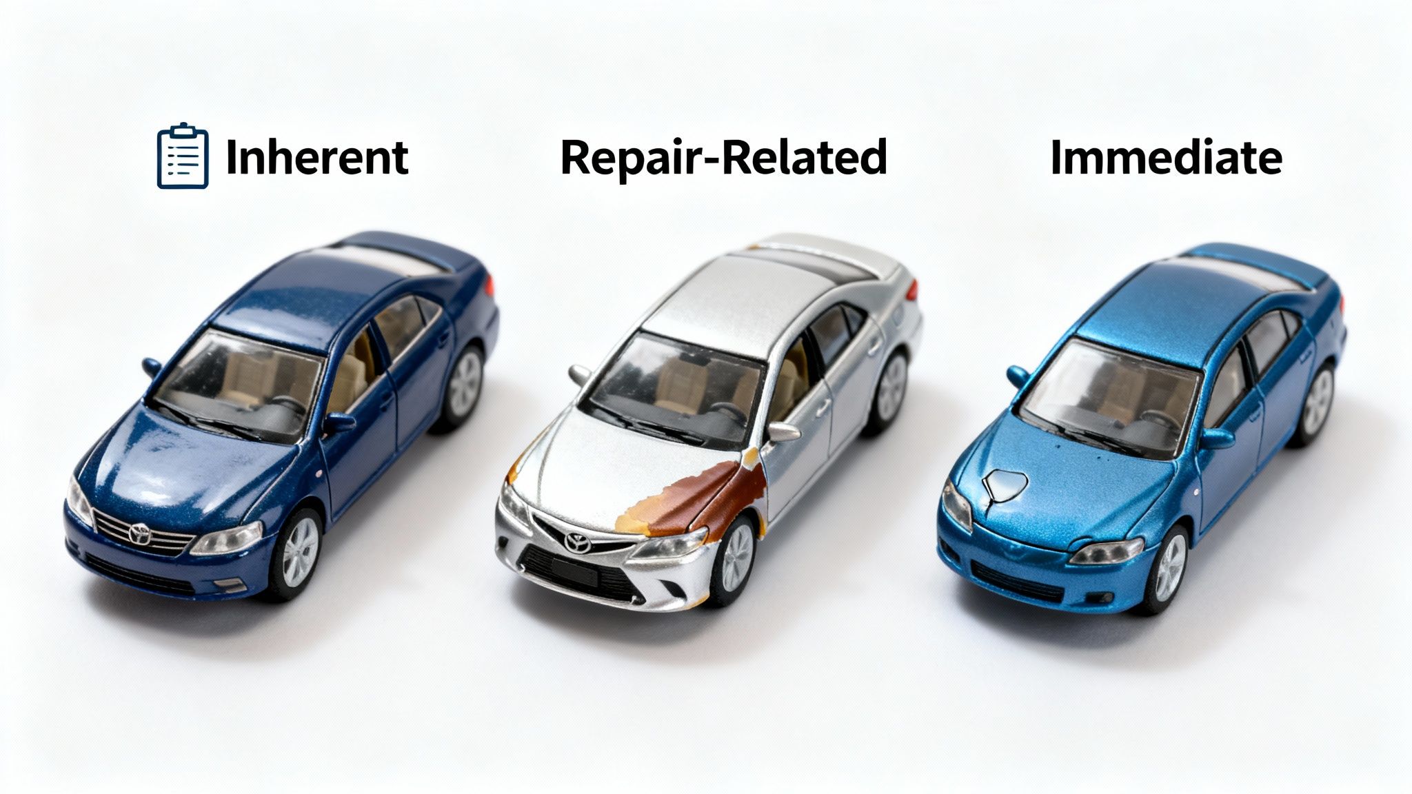 Three toy cars: pristine (inherent), rusty (repair-related), and dented (immediate), illustrating diminished value.