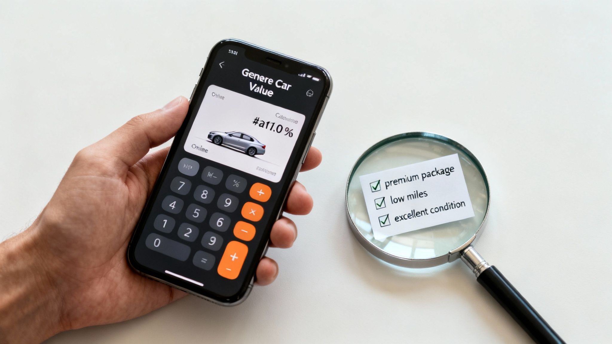 Hand holding smartphone displaying car value calculator app, next to a magnifying glass highlighting car features.