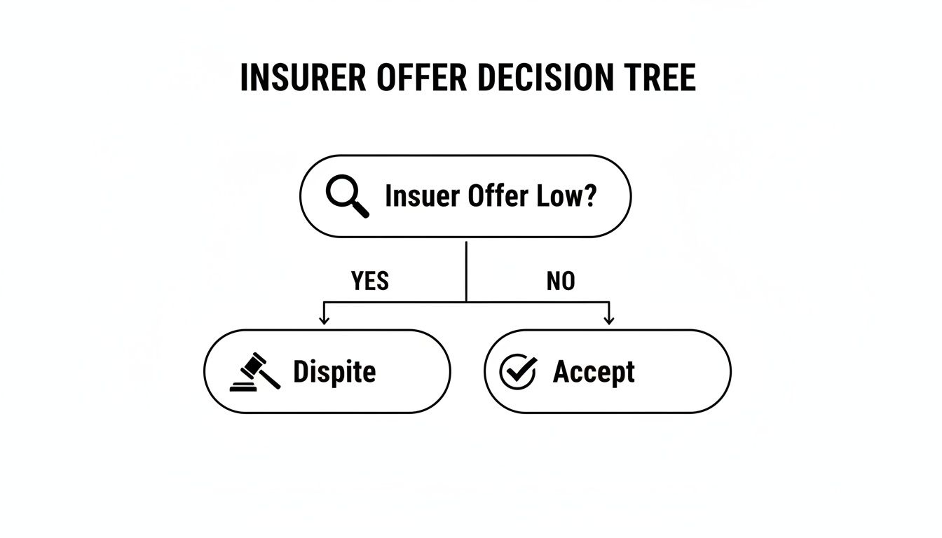 A flowchart showing an insurer offer decision tree, advising to dispute if the offer is low, or accept otherwise.