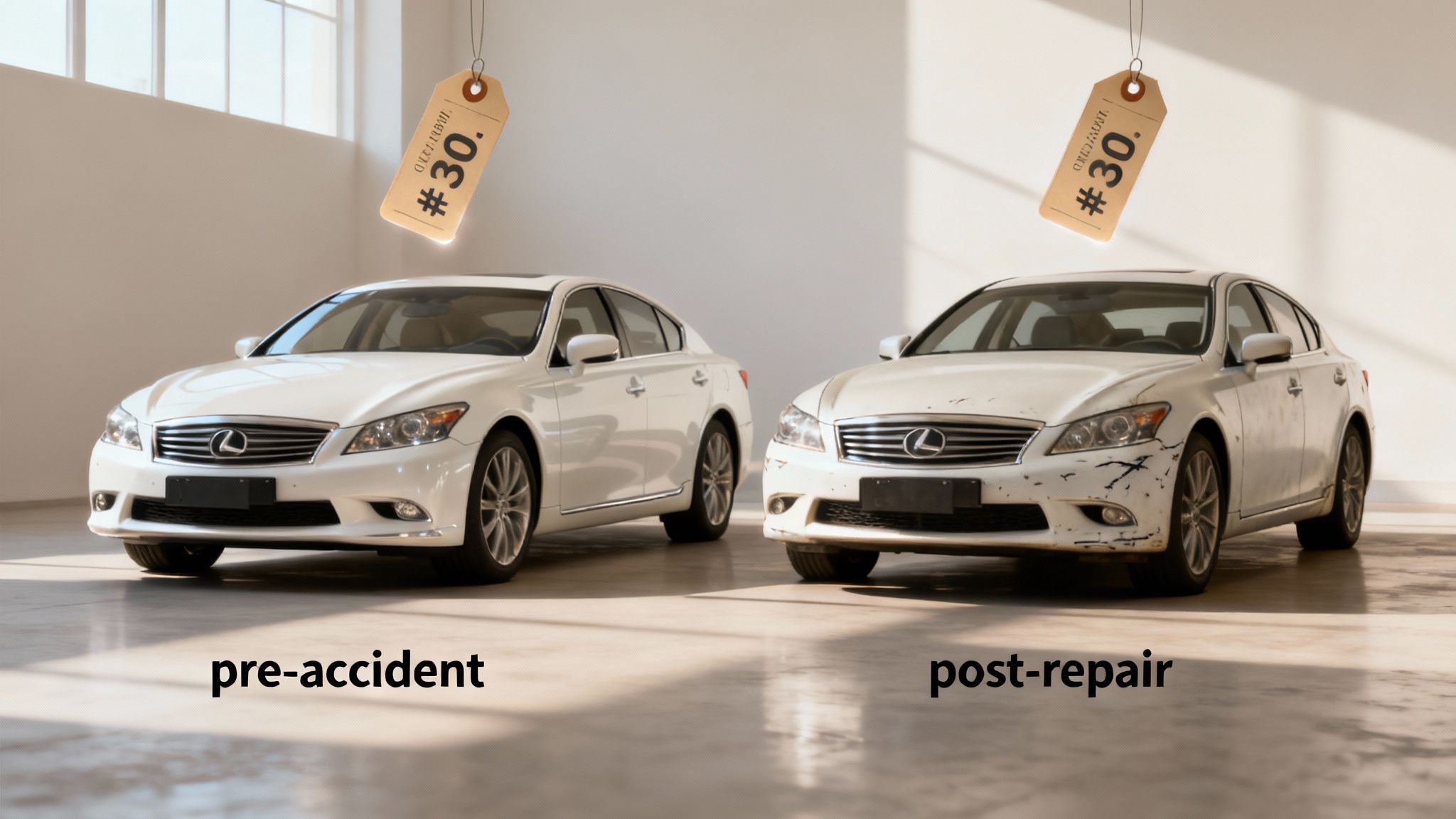 A car with a visible dent in the side door, highlighting the concept of diminished value.