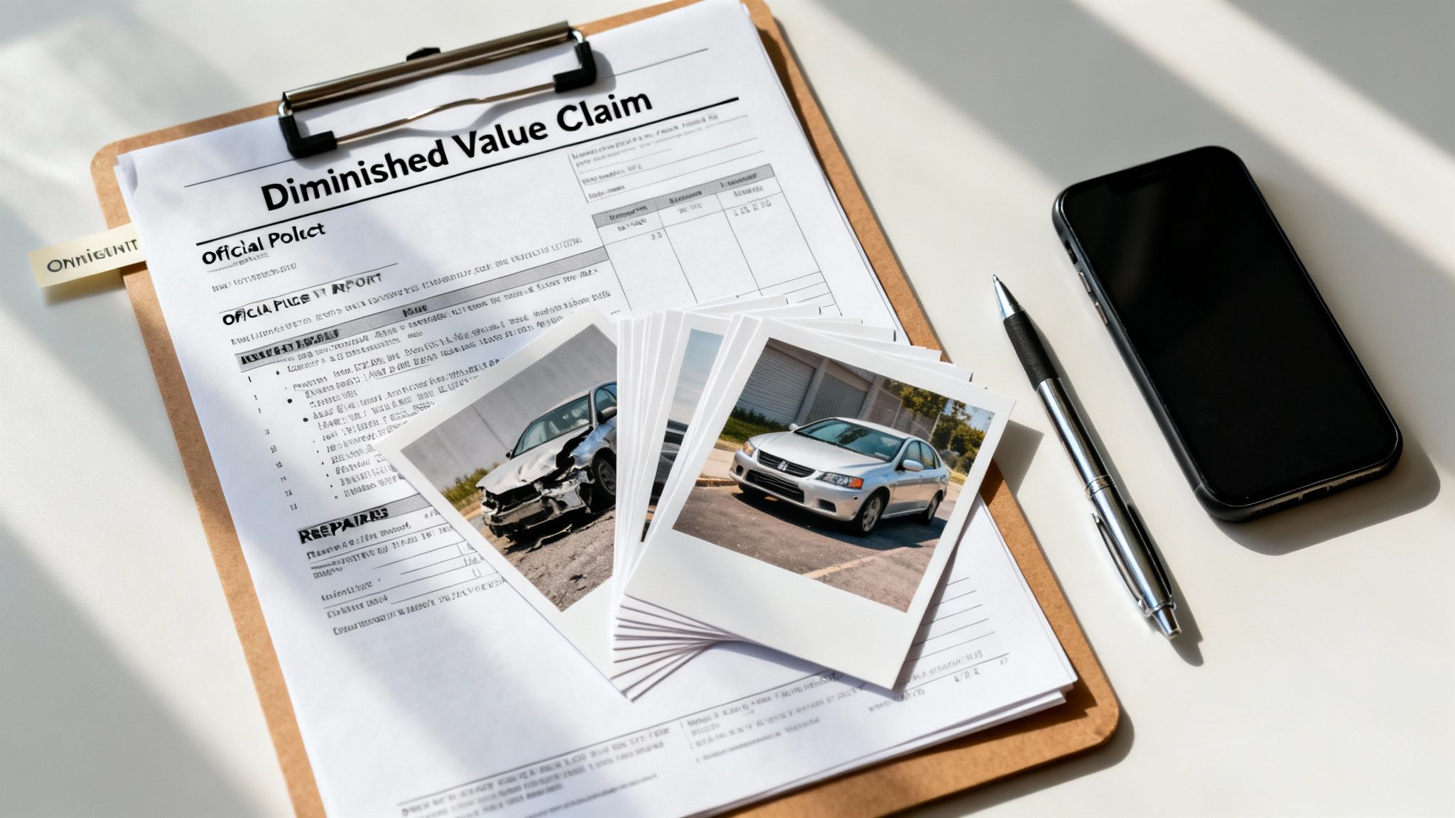 Diminished value claim form on a clipboard with car accident photos, a pen, and a smartphone.