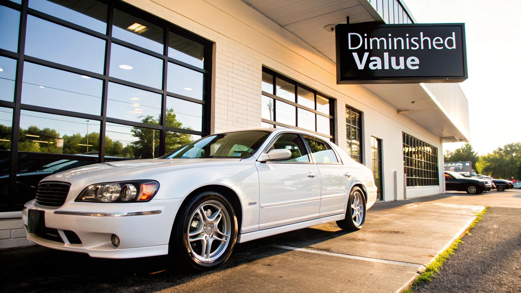 A slightly damaged luxury car being inspected with a clipboard, representing the assessment process for an insurance diminished value claim.