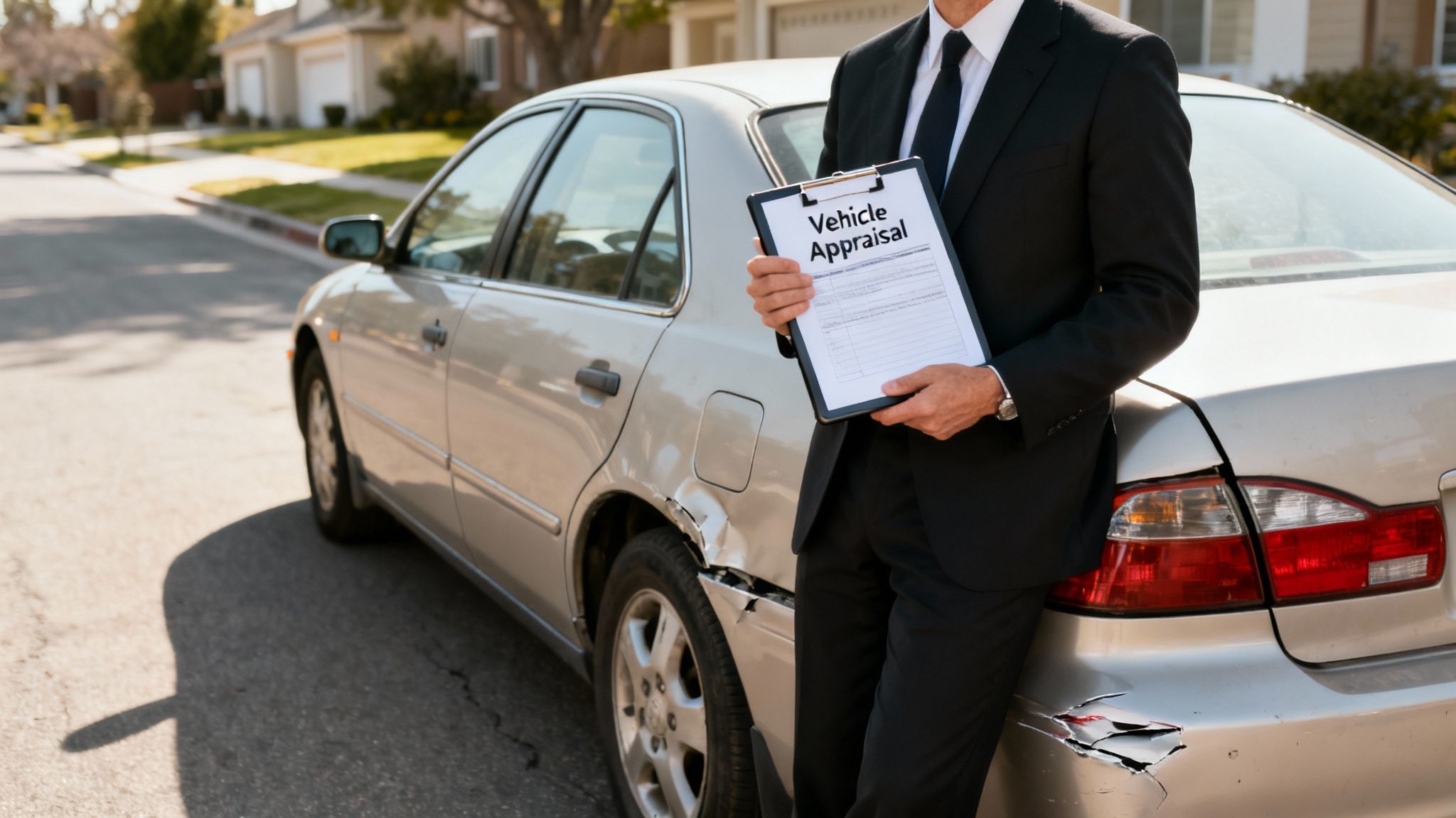 A person in a suit holds a vehicle appraisal clipboard next to a damaged silver car on a street.