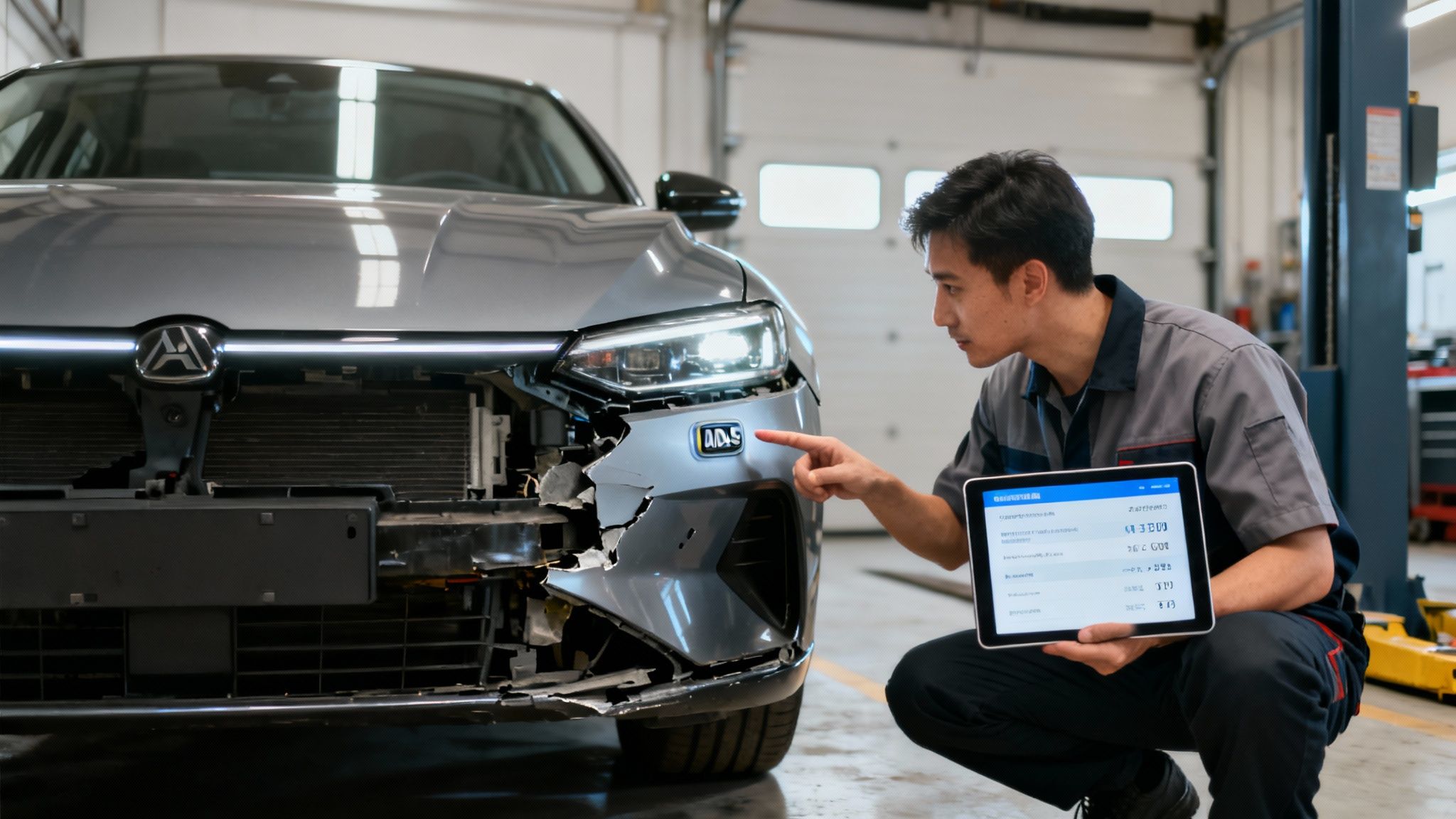 Technician performs a digital vehicle inspection on a damaged car's front bumper in a garage.