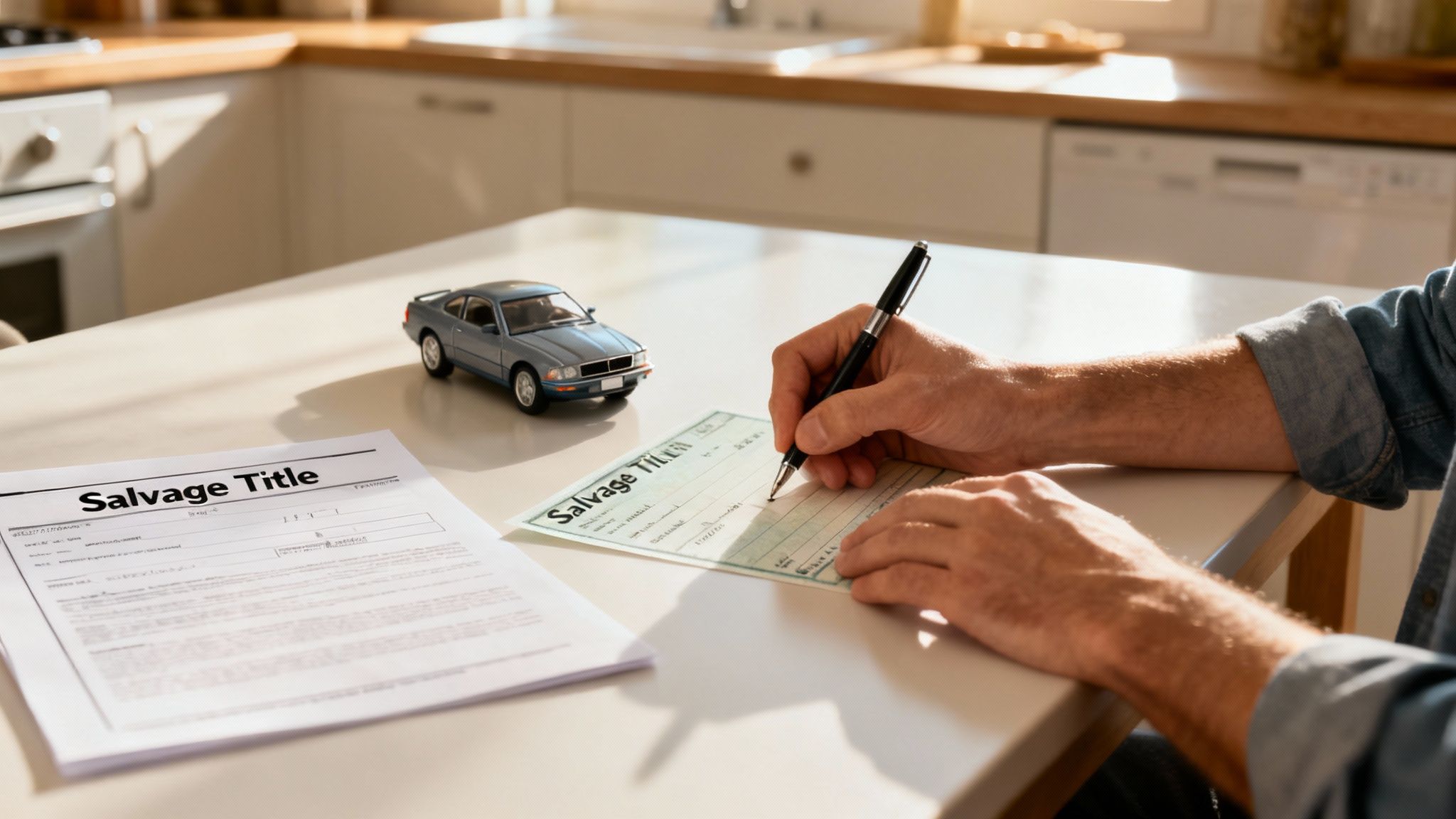 A man's hands signing a green salvage title document, with a toy car model on a kitchen table.