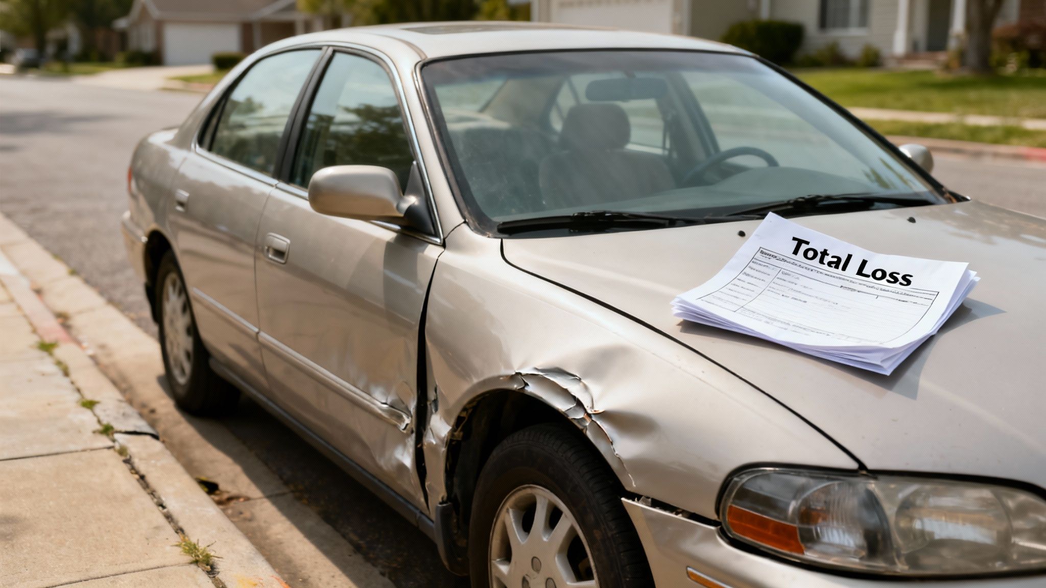 A silver car with significant front-side damage and "Total Loss" papers on its hood, parked on a residential street.